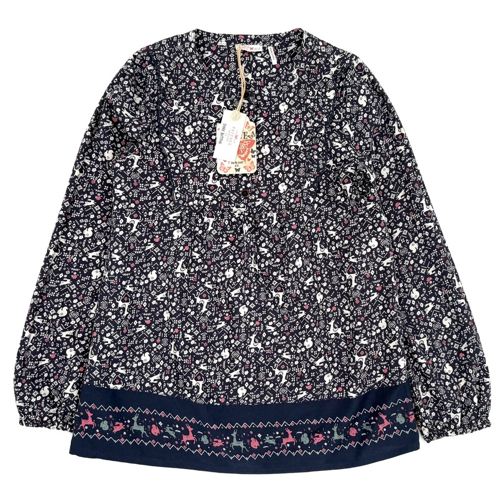NWT Fat Face Big Girls Lucy Woodland Animals Geo Blue Long Sleeve Blouse 12-13